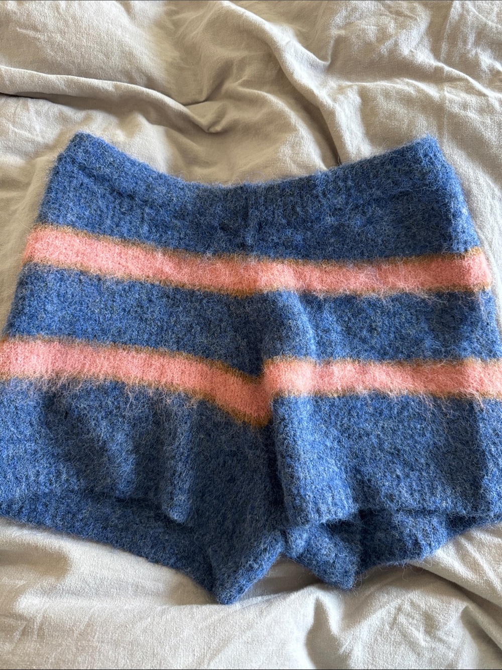 l*space Blue Fuzzy High-Waist Shorts with Pink Stripes